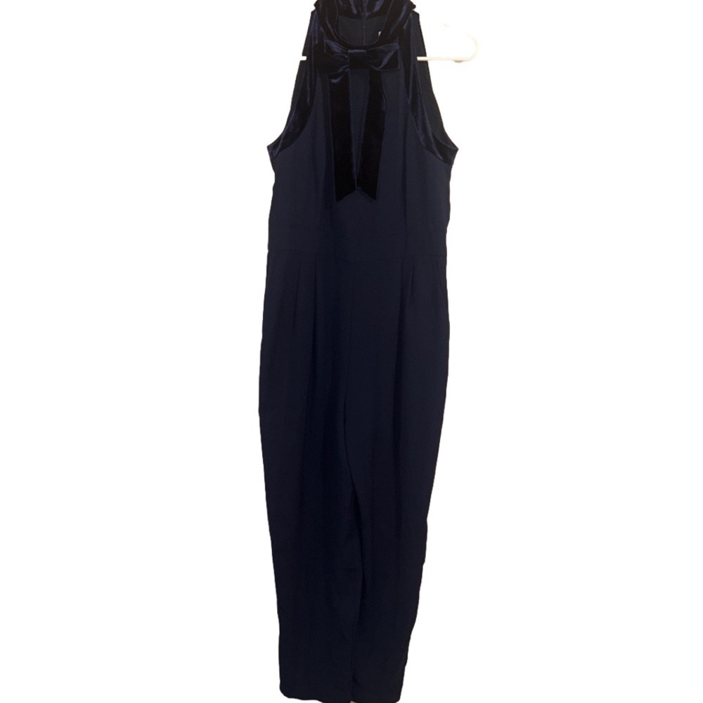 NWOT 1901 Navy Jumpsuit Velvet Trim Bow Mock Neckline Size 10 - Picture 2 of 5
